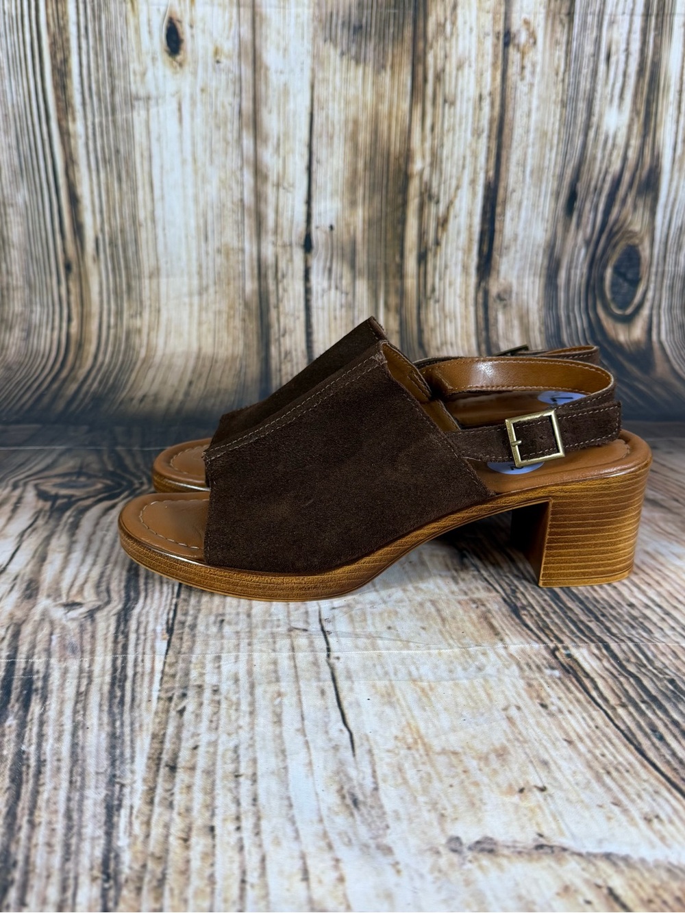 Mariella Brown Suede Block Heel Sandals 7.5 Leather Italy Slingback Peek Toe